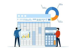 contabilidad y Finanzas revisión de cuentas concepto, calculador presupuesto, lucro y pérdida, generando reporte grafico desde datos, profesional, negocio persona contador con calculadora, hoja de cálculo creación informe. vector