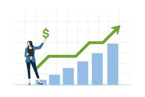 sales staff concept. marketing or investment professional, earn profit or sales commission money, successful growth planning or financial adviser, businesswoman holding dollar with growth chart. vector