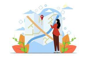 Concept of geolocation, gps navigation, online maps, gps pin, right way. Woman doing geotagging and searching exact route in app. Vector illustration in flat design for mobile app, web banner.