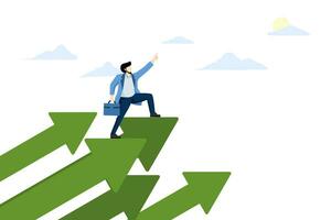 concept of successful company moving forward, challenge or growth to move forward, ambition or motivation for improvement, businessman confidence standing on growing arrow pointing to sky next target. vector