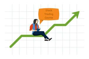 Early stock market concept. Finance or investment specialist investment for stock market investment beginners. An investor sits at a stock chart with a manual guide. vector illustration.