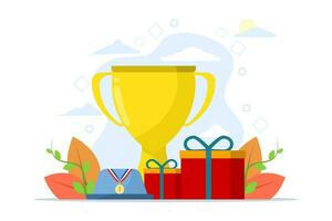 Concept of getting loyalty rewards, bonuses, business rewards. Winner trophy, gold medal and gift box. Rewards program and receive gifts. Vector illustration for UI, mobile app. vector illustration.