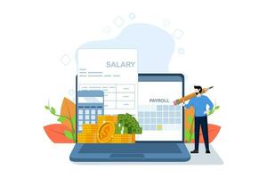 payroll system concept, online income calculation and automatic payment, administrative accounting office or calendar payment dates, businessman standing with online payroll computer. vector