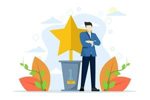 Concept of getting reward loyalty, career success, leadership. A man is standing and holding a winning star award. Rewards program and employee of the month. Vector illustration for UI, mobile app.