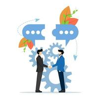 businessmen discussing social network, news, social network, chat, dialogue, speech bubble, forging cooperation, partnership, mind puzzle vector, vector illustration in flat style on white background.