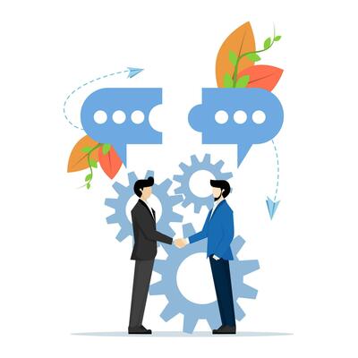 businessmen discussing social network, news, social network, chat, dialogue, speech bubble, forging cooperation, partnership, mind puzzle vector, vector illustration in flat style on white background.