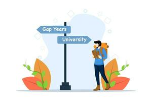 concept of learning life and looking for motivation to achieve goals, Gap year. High school graduates carry backpacks and meet road signs of life's choices to decide which path to take. vector