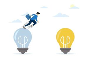 concept Business transformation, management change or transition to better innovative company, improvement and adaptation to new normal, smart businessman jumping from old to new shiny light bulb idea vector