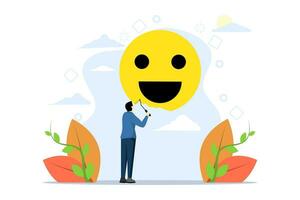 concept of Happiness and positive thinking, optimism or motivation for happy life, happy man climbing stairs to paint laughing face on wall. flat vector illustration on a white background.