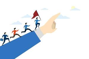 leadership concept to lead team members, business direction to achieve goal or target, team work to succeed in job, businessman leader holding winner flag leading business people pointing finger. vector