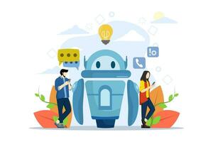 Virtual assistant concept, business development, sales boost, communication assistance service, customer service robot. Men and women use chat bot services. Vector illustration in flat design.