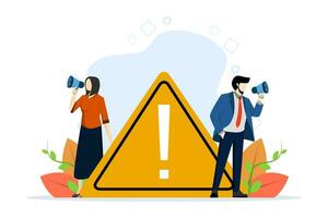 concept of important announcement, attention or warning information, latest news or urgent message communication, alert and be careful, business people announce in megaphone with exclamation mark. vector