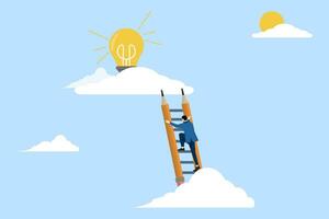 creative idea concept, inspiration or imagination to create new innovative work, opportunity or wisdom, creative businessman climbs a ladder made of pencils above the clouds to find a light bulb idea. vector