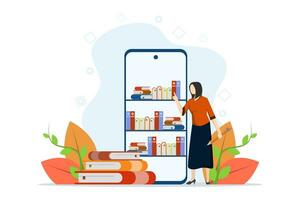 Concept of Electronic Library, Online Bookstore, Ebook, Online Library. People Reading Books with Digital Library Service. Users Learn with Book Archives. Vector illustration for Web Design.