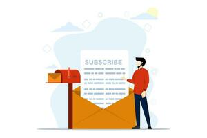 Subscription concept, happy man in casual clothes standing and showing subscription letter with piece of paper inside with word subscribe. flat illustration vector on white background.