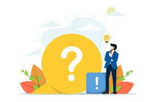 Customer guide concept, useful information, FAQ. The man with the big question mark. Users ask frequently asked questions. Vector illustration in flat design for UI, web banner.