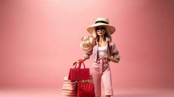 retrato, mujer y compras con bolsas, centro comercial, contento y emocionado para venta. rostro, Moda y niña con relajarse y lujo generativo ai foto