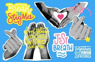 Collage stickers sey with hand showing love gestures in halftone effect style. Cut out paper pieces. The hand holds gesturing heart sign. Vector y2k modern illustration with self love quotes.