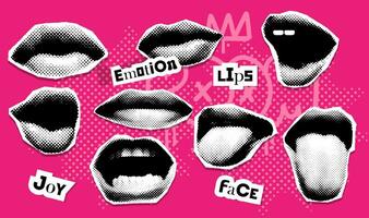 Y2k trendy collage mouth set with paper cutout elements. Halftone lips for banner, graphic, poster. Vector collaection of scream, kiss, smile, tongue, open mouth. Texture torn out dotted stickers .
