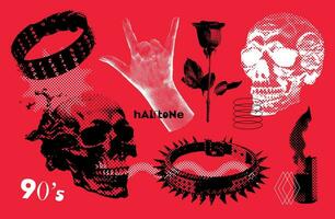 Halftone set of dotted rose, rock gesture, skull in dor point realistic illustration. Grunge routh collage elements. Trendy y2k vector collection.