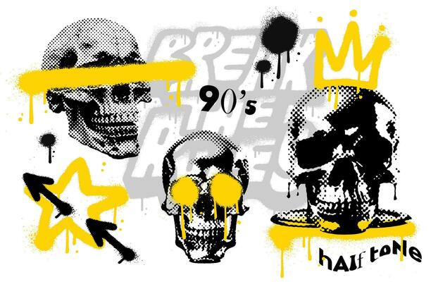 Urban Graffiti Art elements set with grungy halftone skulls Streetwear print and 90s Typography. Terrifying retro vector design for Halloween