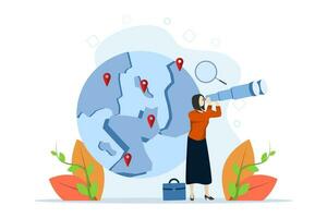 Concept of geolocation, gps navigation, online maps, gps pin, right way. woman searching and marking place on map. Vector illustration in flat design for mobile app, ui, web banner.