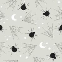 Seamless pattern with spiders, cobwebs on the background of the night sky, moon and stars. Vector graphics.