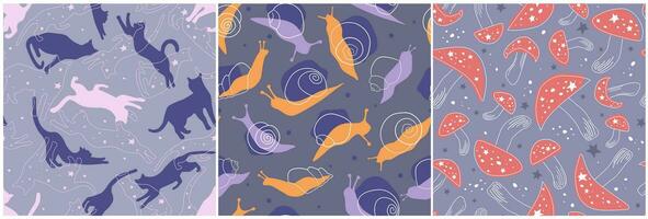 A set of seamless patterns with silhouettes of snails, mushrooms, fly agarics, cats on the background of the starry sky. Mystical print for Halloween. Vector graphics.