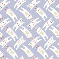 Seamless pattern with jumping, dreaming rabbits. Funny hares are repeated. Vector graphics.