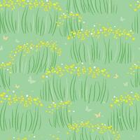 Seamless pattern with a natural wild field with flowers. Grass, butterflies, summer meadow with bloom. Vector graphics.