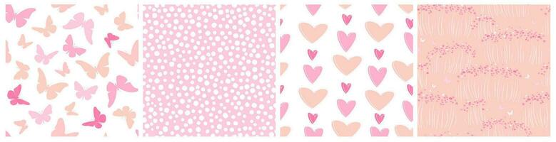 A set of seamless patterns with a festive decor. Pink hearts, butterflies, a floral summer meadow. Simple abstract vector graphics.