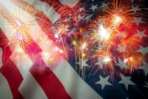 Celebration concept, Double exposure American flag and fireworks. photo