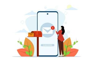 Newsletter service subscription concept, email subscription, correspondence, contact us. Woman subscribing to newsletter from phone. Vector illustration in flat shape for UI, website, mobile app.