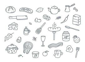 Cooking doodles vector set of isolated elements. Cute doodle illustrations collection of utensils, kitchenware, food, meal ingredients, kitchen objects. Fruits, meat, eggs, bakery on white background