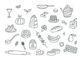 Food and kitchenware doodles vector set of isolated elements. Cooking doodle illustrations collection of utensils, meal ingredients, kitchen objects. Fruits, vegetables, bakery on white background