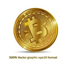 Golden bitcoin coin. Crypto currency golden coin bitcoin symbol isolated on white background. Realistic vector illustration.