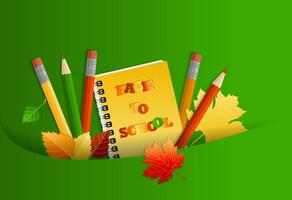 Concept of return to school, knowledge day, September 1, school supplies in a pocket, multi-colored bright stationery. On green background with shadow and copy space vector