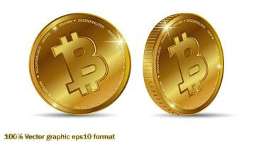 Golden bitcoin coin. Crypto currency golden coin bitcoin symbol isolated on white background. Realistic vector illustration.