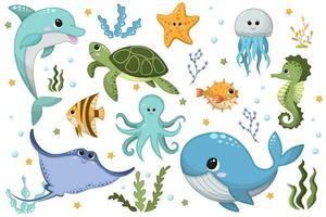 Vector cartoon illustration of cute happy sea animals for design element on white background. Dolphin, whale, octopus, jellyfish, stingray, starfish, seahorse, turtle, algae, water bulbs, puffer fish.