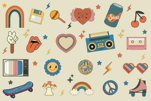 Groovy set hippie .Big set of items 70s. Retro icons in trendy 70s style. Vector icons lips,video cassette,heart,daisy,flower, 3d glasses,lollipos,rainbow,smile face,mashrooms. Vector illustration