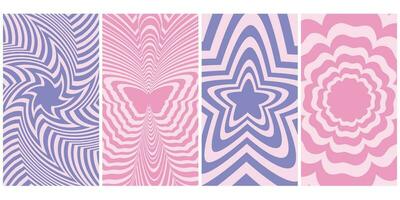 Set with geometric backgrounds. Vector illustration of abstract backgrounds with geometric shapes and hearts. Nostalgia for the year 2000, Y2k style. Design template. Hypnotic pattern. Vector