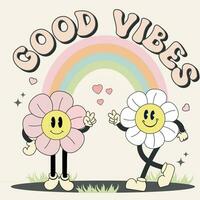 Good vibes groovy vintage typography, beautiful flowers. Vector illustration design for fashion graphics, t-shirt prints, posters. Groovy hippie 70s set. Funny cartoon flower