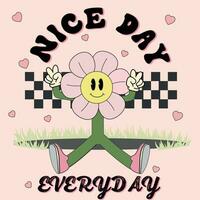 Groovy flower cartoon characters. Funny happy daisy with eyes and smile. Nice day groovy card in trendy retro trippy style. Isolated vector illustration. Hippie 60s, 70s style