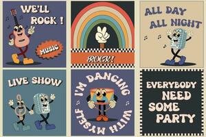 Retro groovy rock music style party sticker or label or badge set with vintage cartoon characters and guitar and lettering for live music event isolated on black background. Vector illustration