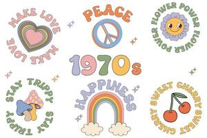 Groovy 1970 Slogan Stiker Pack Peace Sign, Rainbow, Daisy, Heart, Psychedelic Mushroom in Rainbow Colors. Retro Style, Crazy, Groovy, Hippie Aesthetics. Kids Graphic T-shirt. Vector illustration