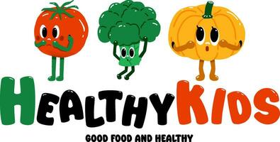 Healthy Kids Vegetable logo, Logo Vegetable, happy food, Kids Cartoon vegetable, Vector food illustration