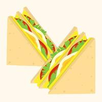 Isolated sandwich with cheese, eggs, tomato, and lettuce filling. Triangle sandwich bread vector