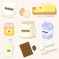 Baking ingredients vector set illustration. Food supplies for bakery and cooking dessert