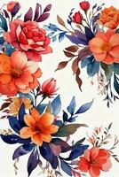 watercolor painting of leaf and flowers, seamless pattern on white background with Generative AI photo