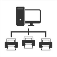 Vector illustration of computer network to printers icon in dark color and white background